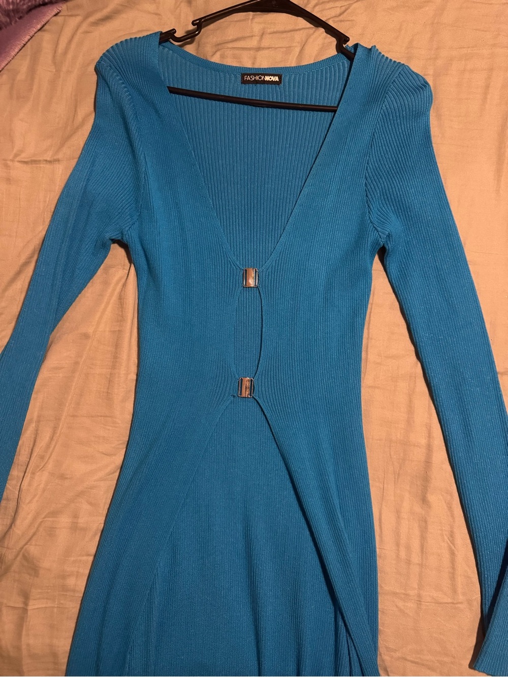 Long Sleeve Open-Front Knit Top with High-Slit - Blue